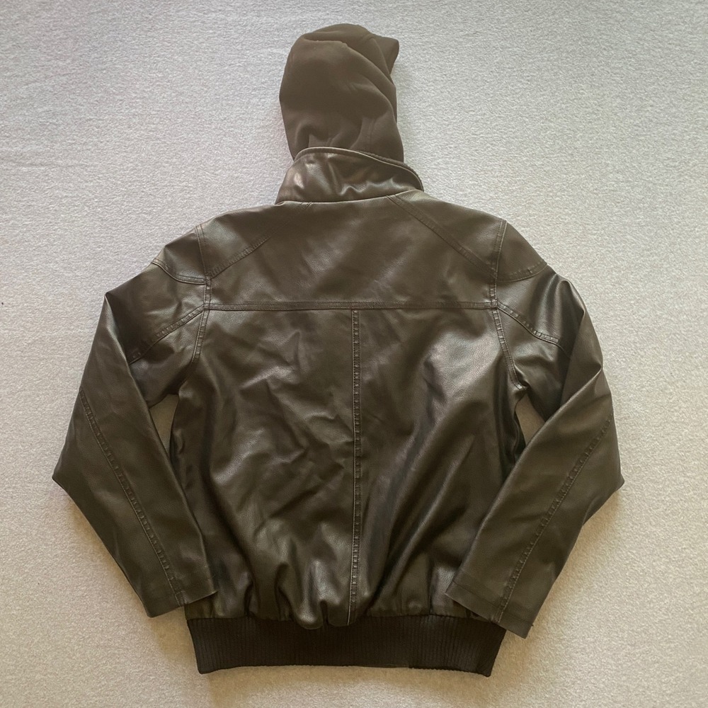 Guess Mens Faux Brown Leather Bomber Jacket Black Hooded Bib Layered Coat Medium - Picture 2 of 9